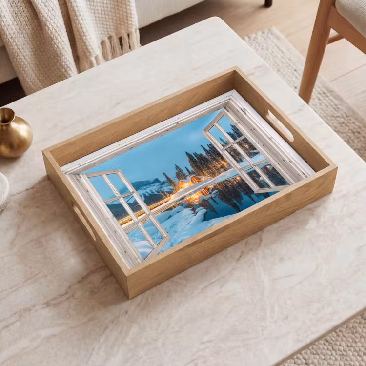 Tablett - Durchblick - Winterlandschaft - Natur - Haus - Berge — 2