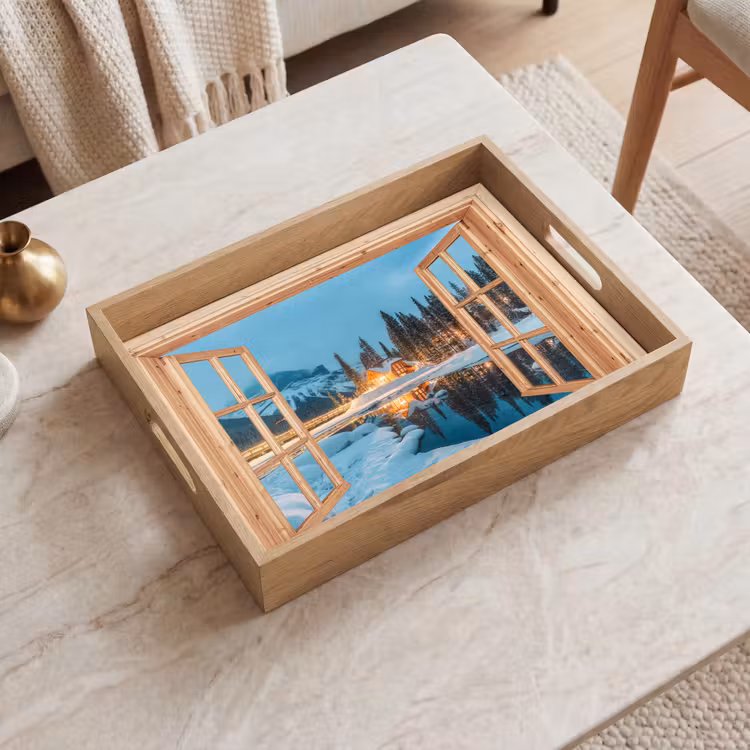 Tablett - Winterlandschaft - Natur - Haus - Berge - Aussicht - Fenster — 2