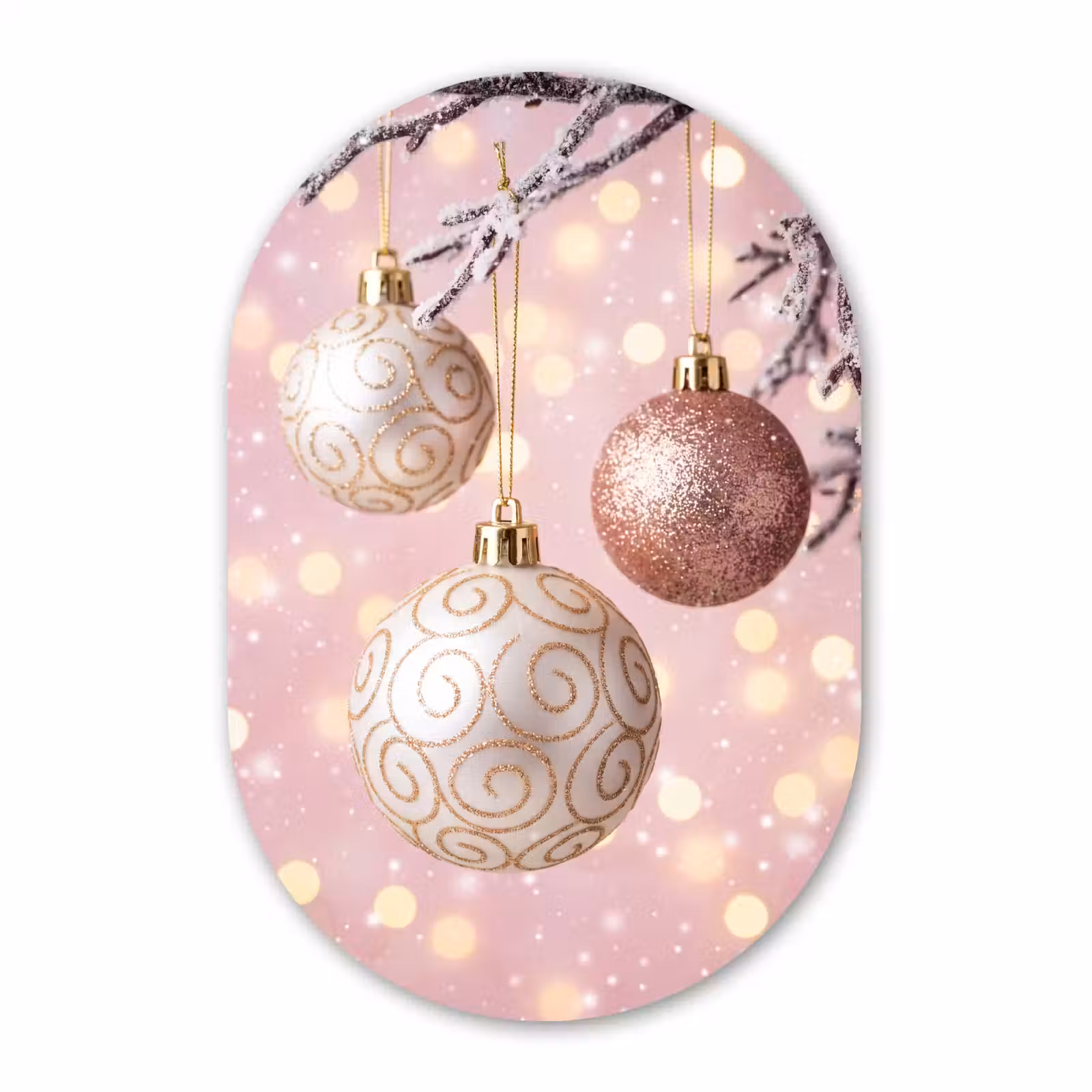 Glasbild Oval - Weihnachtskugel – Rosa – Winter — 1