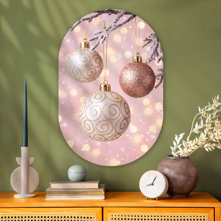 Glasbild Oval - Weihnachtskugel – Rosa – Winter — 2