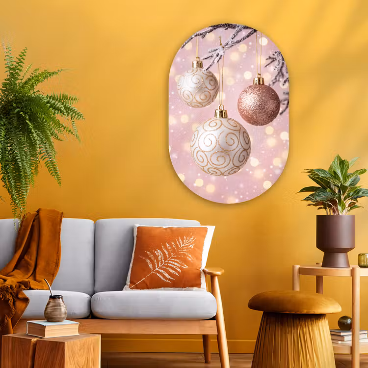 Glasbild Oval - Weihnachtskugel – Rosa – Winter — 3