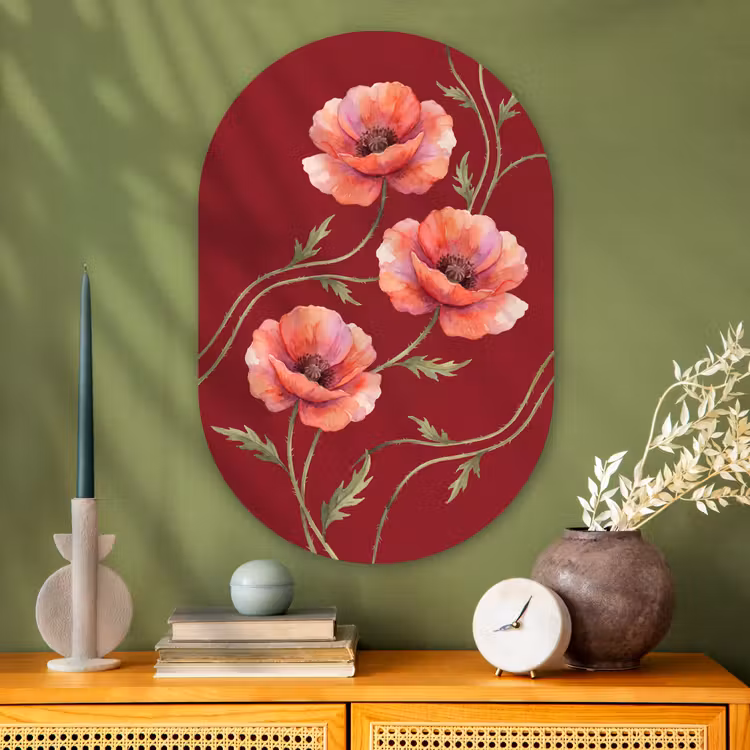 Glasbild Oval - Blumen – Aquarell – Rot — 2