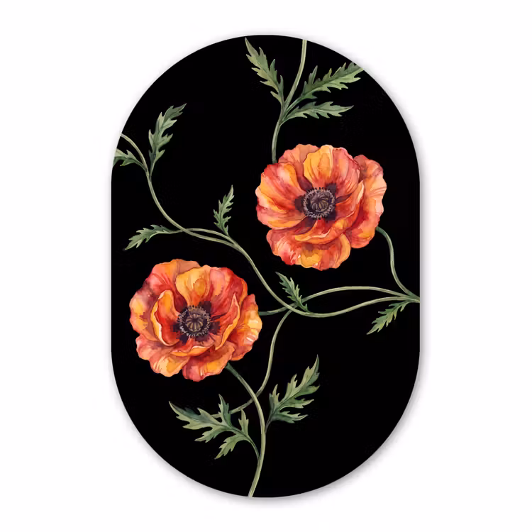 Glasbild Oval - Blumen – Aquarell – Schwarz — 1
