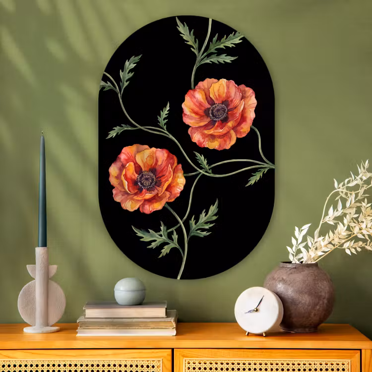 Glasbild Oval - Blumen – Aquarell – Schwarz — 2