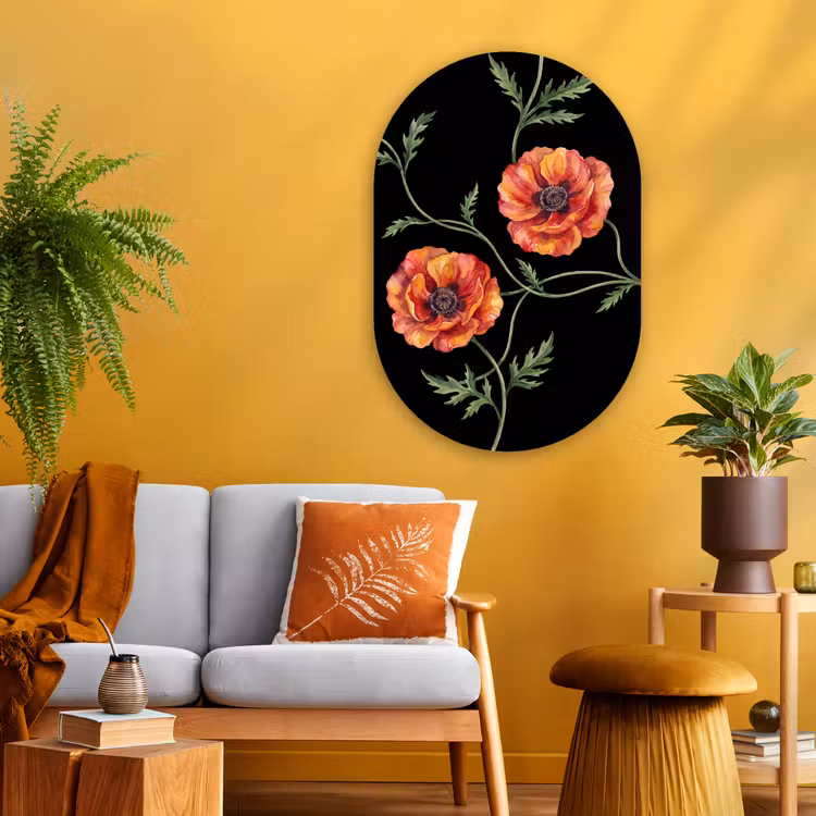 Glasbild Oval - Blumen – Aquarell – Schwarz — 3