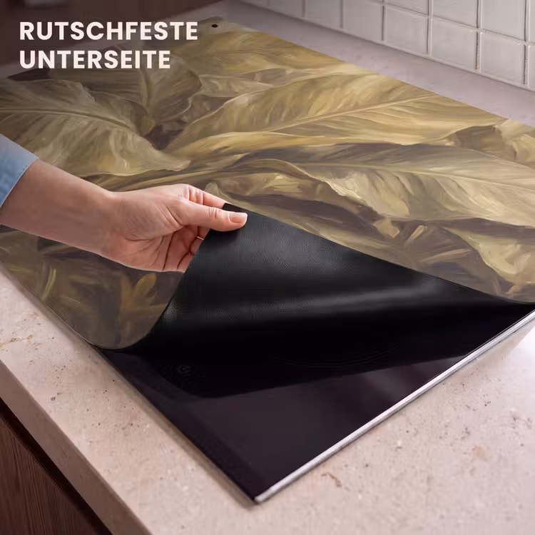 2-in-1 Herdabdeckplatte & Spritzschutz - Blätter – Tropisch – Gold — 4