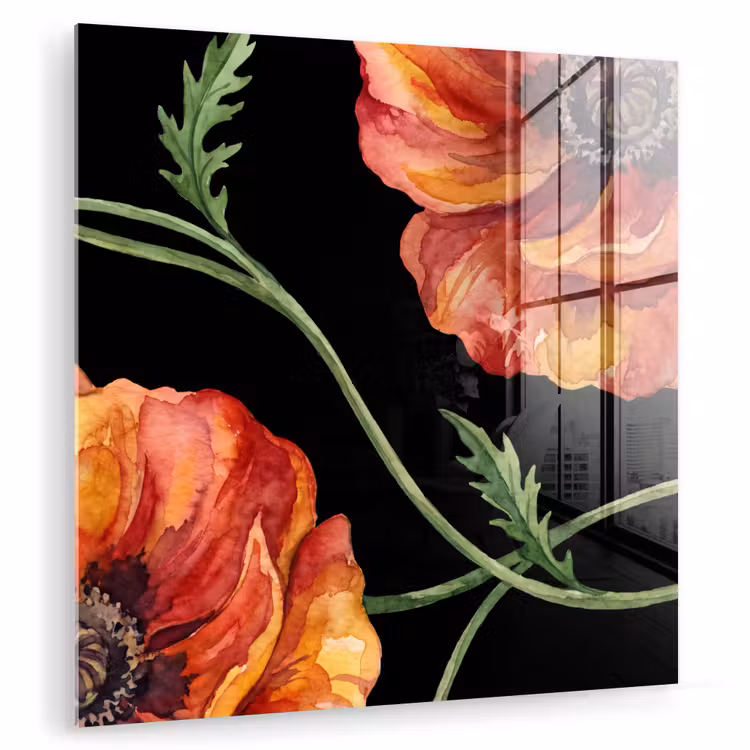 Glasbild - Blumen – Aquarell – Schwarz — 1