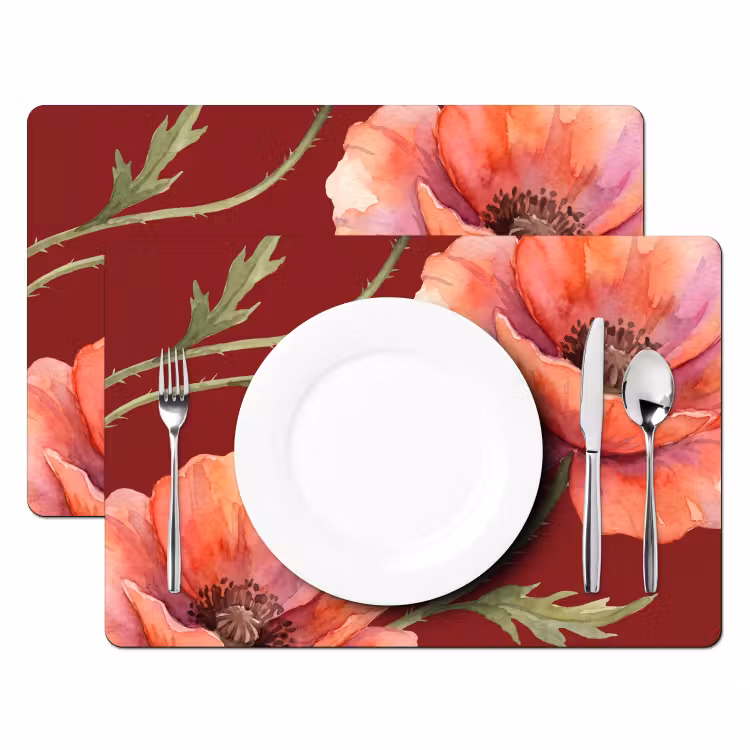 Tischset - 6 Stück - Blumen – Aquarell – Rot — 2