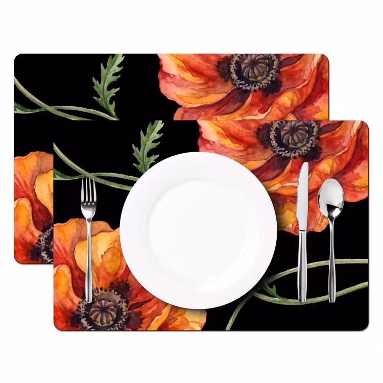 Tischset - 6 Stück - Blumen – Aquarell – Schwarz — 2