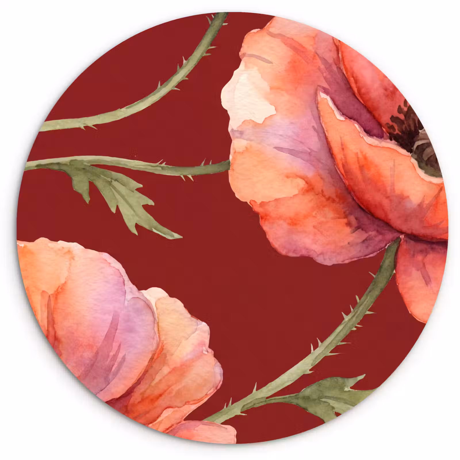 Glasbild Rund - Blumen – Aquarell – Rot — 1