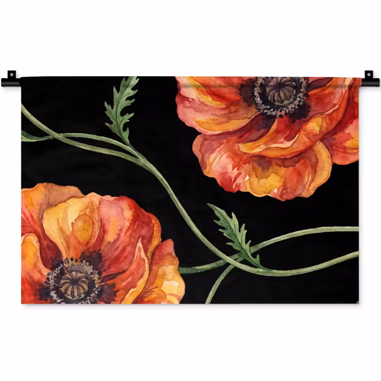 Wandteppich - Blumen – Aquarell – Schwarz — 1