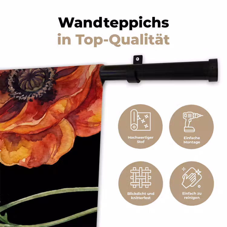Wandteppich - Blumen – Aquarell – Schwarz — 7
