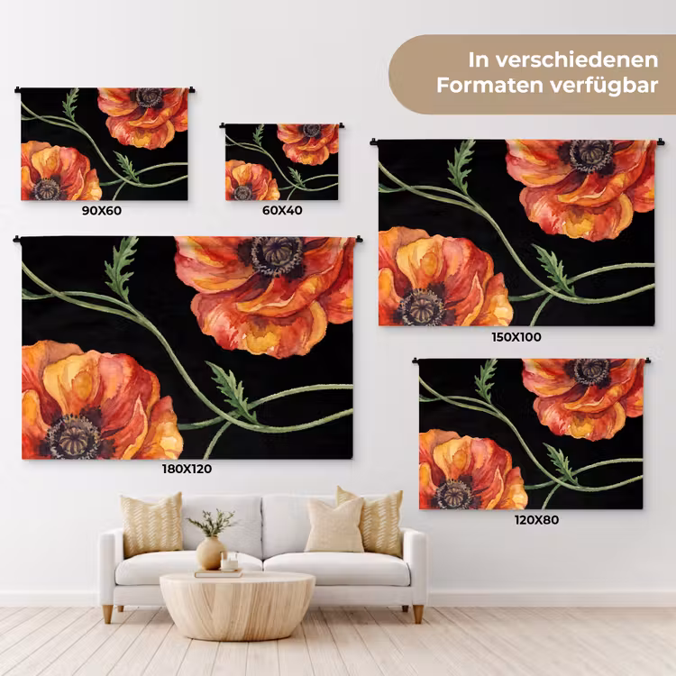 Wandteppich - Blumen – Aquarell – Schwarz — 8