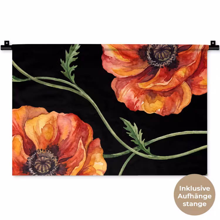 Wandteppich - Blumen – Aquarell – Schwarz — 9