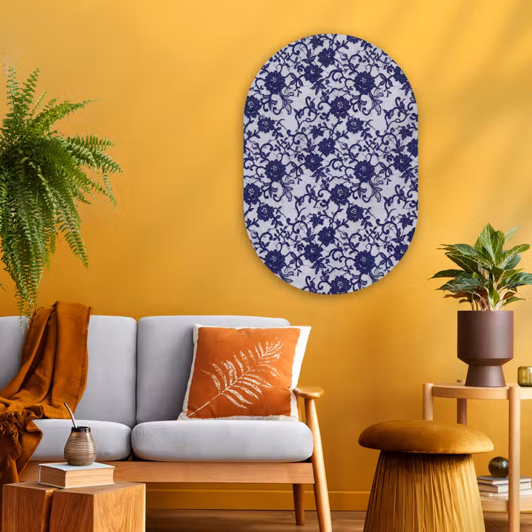 Glasbild Oval - Dunkelblaue Spitze – Blumen — 3