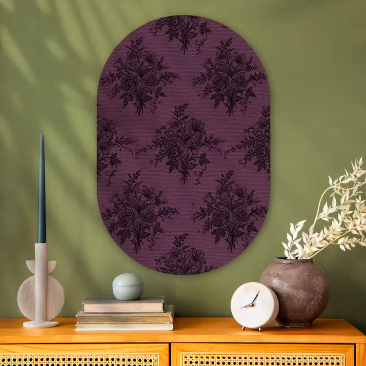 Glasbild Oval - Spitzenmuster – Blumen – Lila — 2
