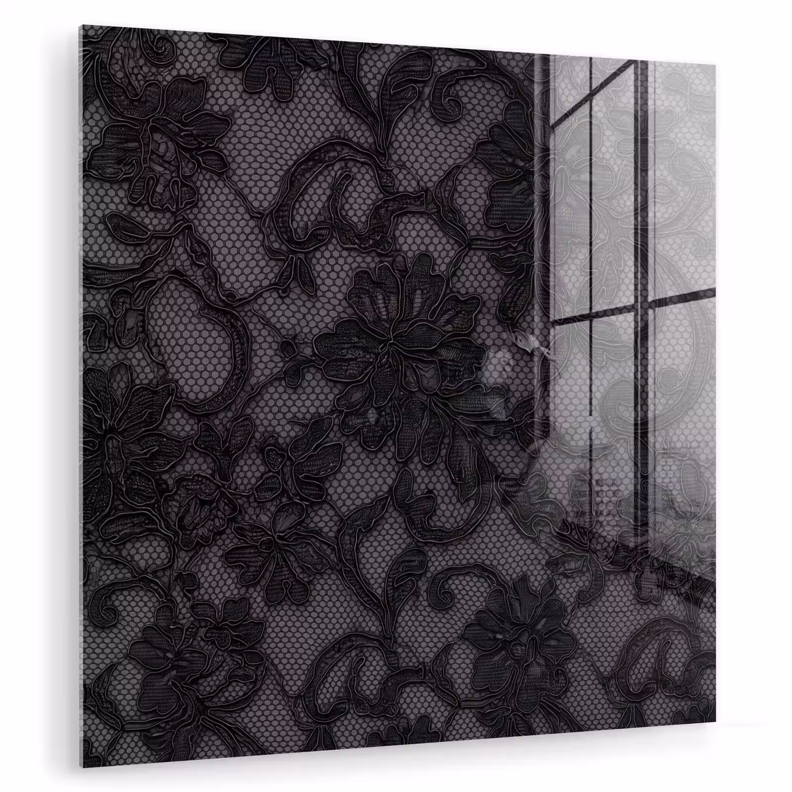 Glasbild - Spitze – Blumen – Schwarz — 1