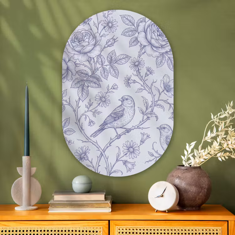 Glasbild Oval - Blumen – Vogel – Zeichnung — 2