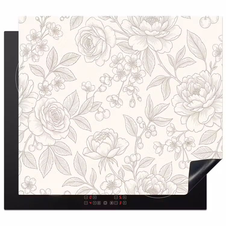 Herdabdeckplatte - Blumen – Strichzeichnung – Beige — 1