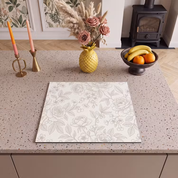 Herdabdeckplatte - Blumen – Strichzeichnung – Beige — 2