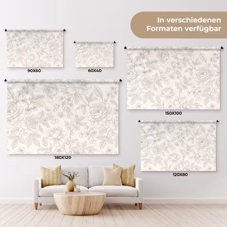 Wandteppich - Blumen – Strichzeichnung – Beige — 8