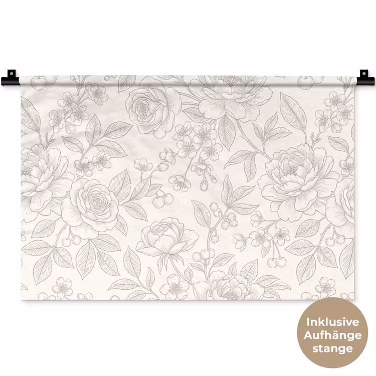 Wandteppich - Blumen – Strichzeichnung – Beige — 9