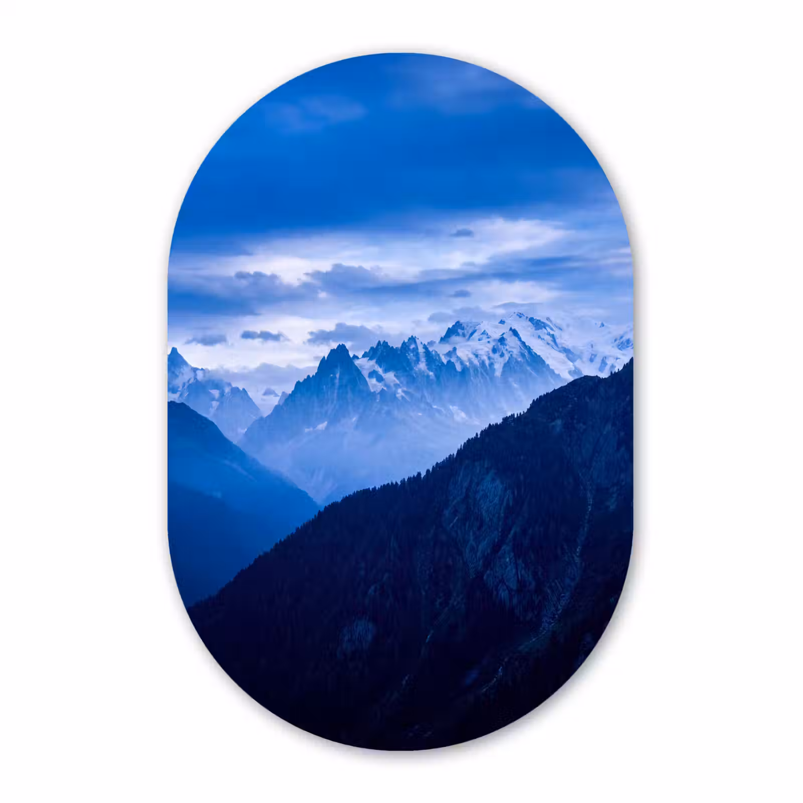 Glasbild Oval - Berge – Schnee – Blau — 1