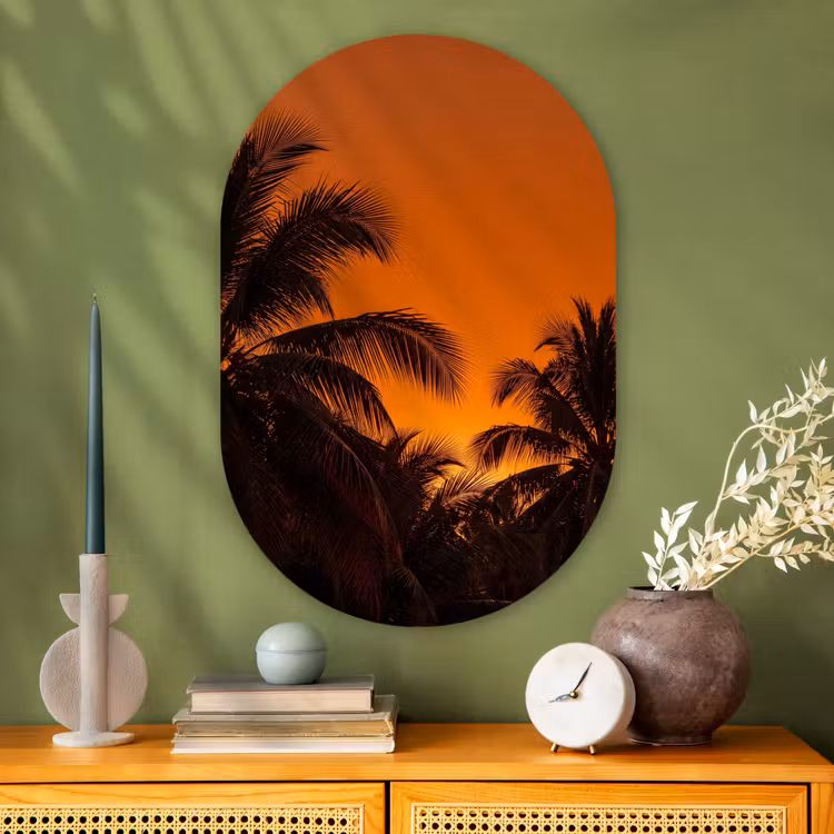Glasbild Oval - Palmen – Sonnenuntergang – Orange — 2