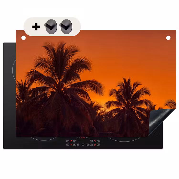 2-in-1 Herdabdeckplatte & Spritzschutz - Palmen – Sonnenuntergang – Orange — 1