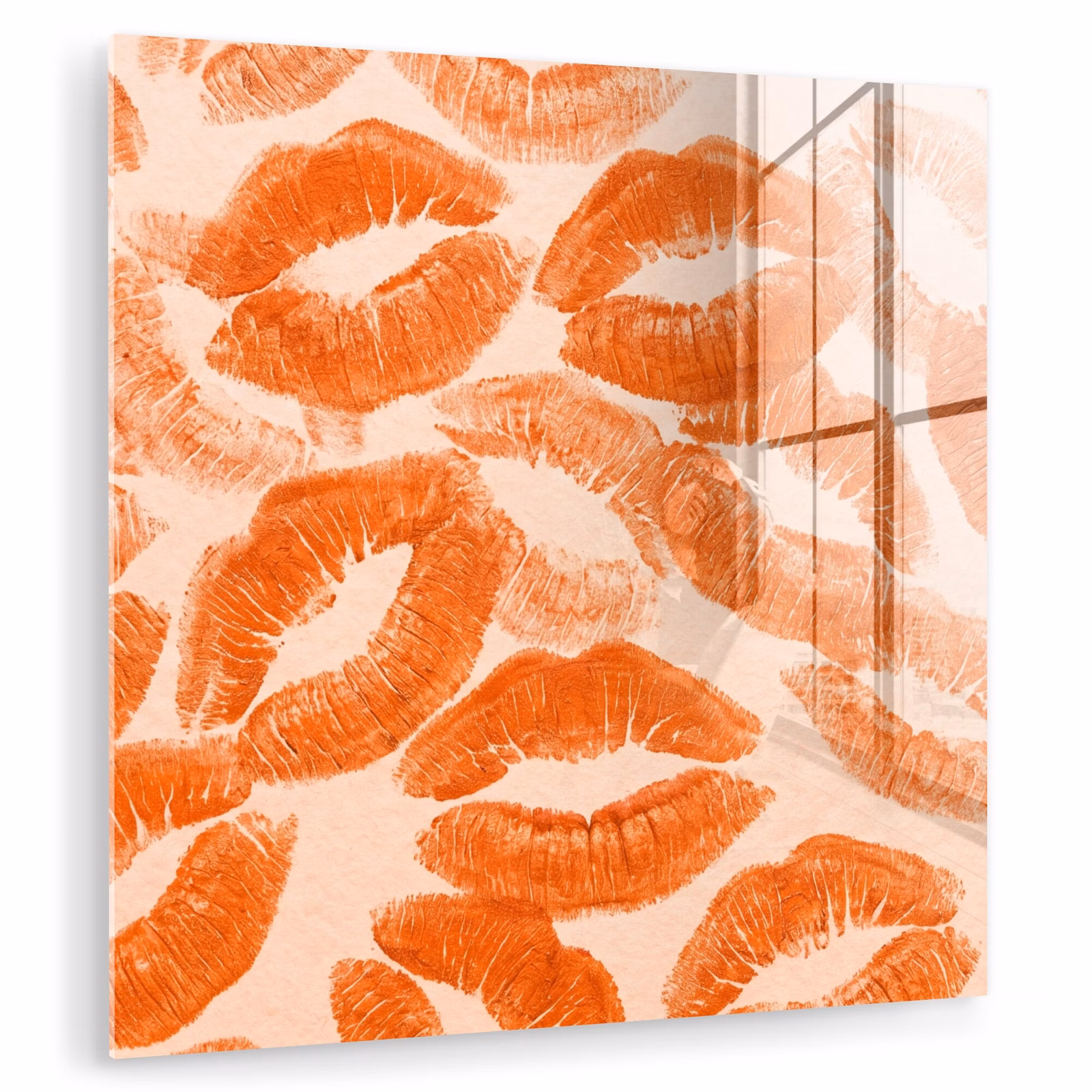 Glasbild - Orangefarbene Kussabdrücke – Liebe — 1