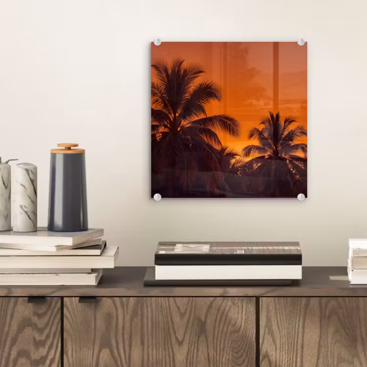 Glasbild - Palmen – Sonnenuntergang – Orange — 2