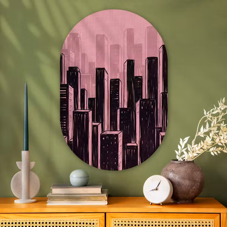 Glasbild Oval - Stadt – Abstrakt – Rosa — 2