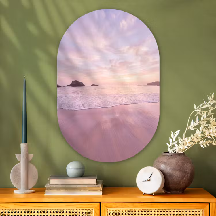 Glasbild Oval - Strand – Sonnenuntergang – Rosa — 2