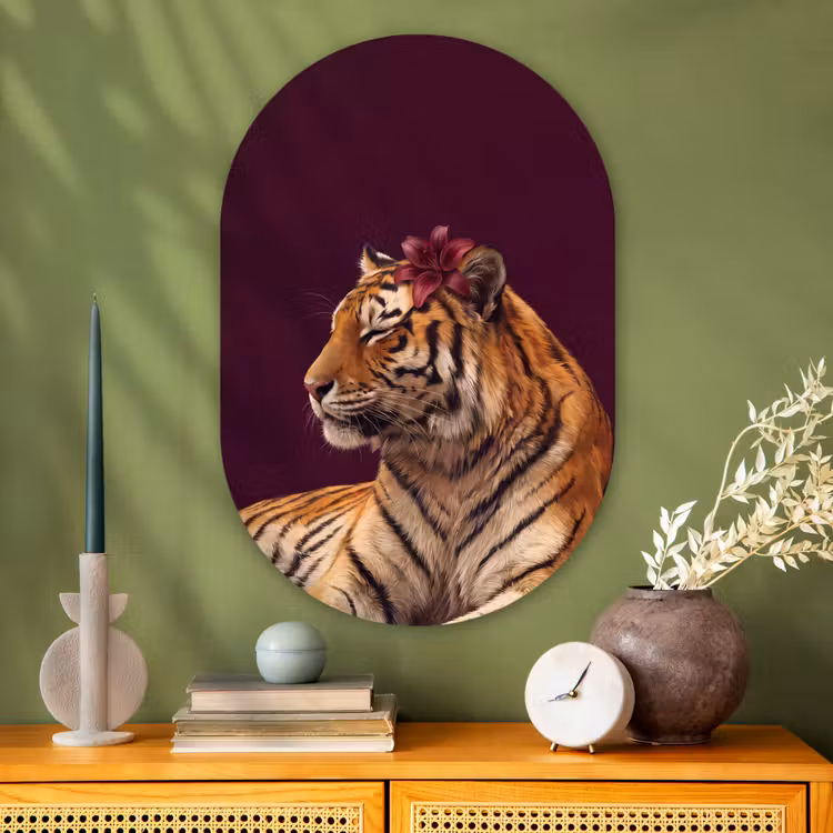 Glasbild Oval - Tiger – Blume – Tiere — 2