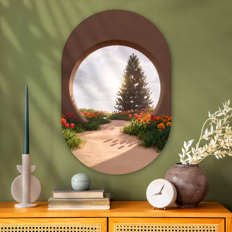 Glasbild Oval - Weg – Blumen – Natur — 2