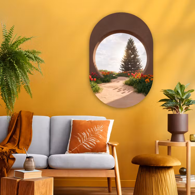 Glasbild Oval - Weg – Blumen – Natur — 3