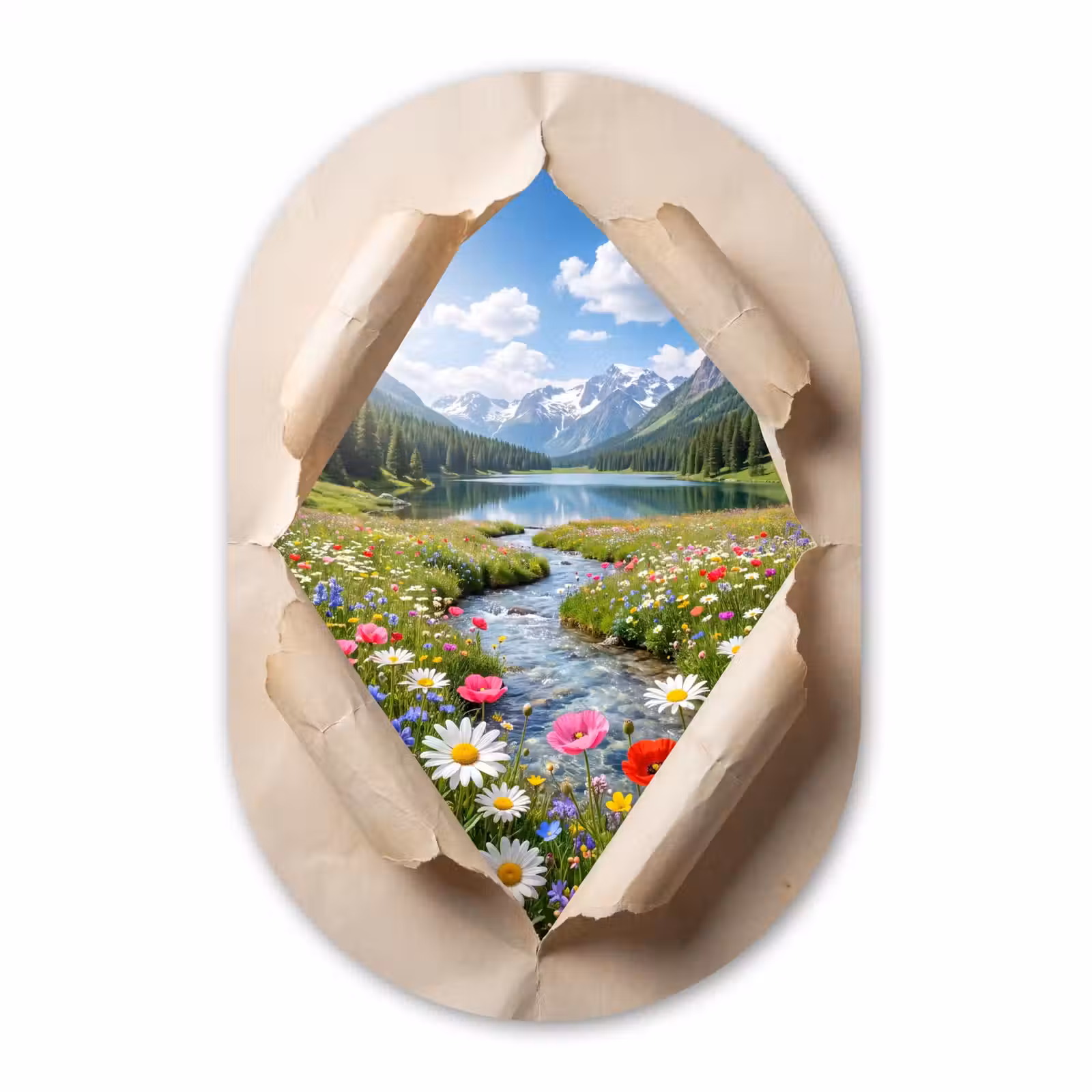 Glasbild Oval - Blumen – Fluss – Landschaft — 1