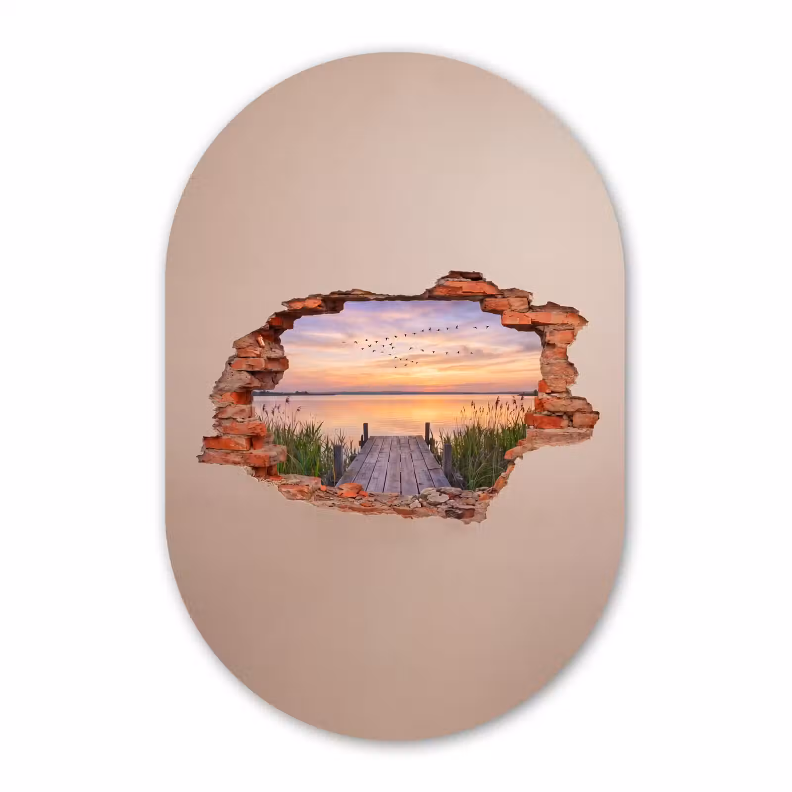 Glasbild Oval - Mauer – Landschaft – Illusion — 1