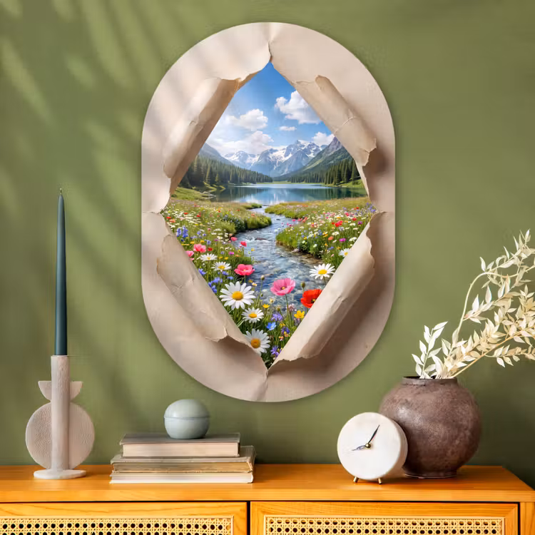 Glasbild Oval - Blumen – Fluss – Landschaft — 2