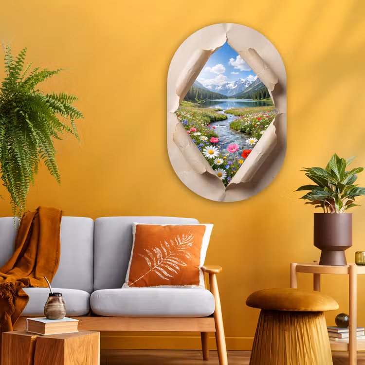 Glasbild Oval - Blumen – Fluss – Landschaft — 3