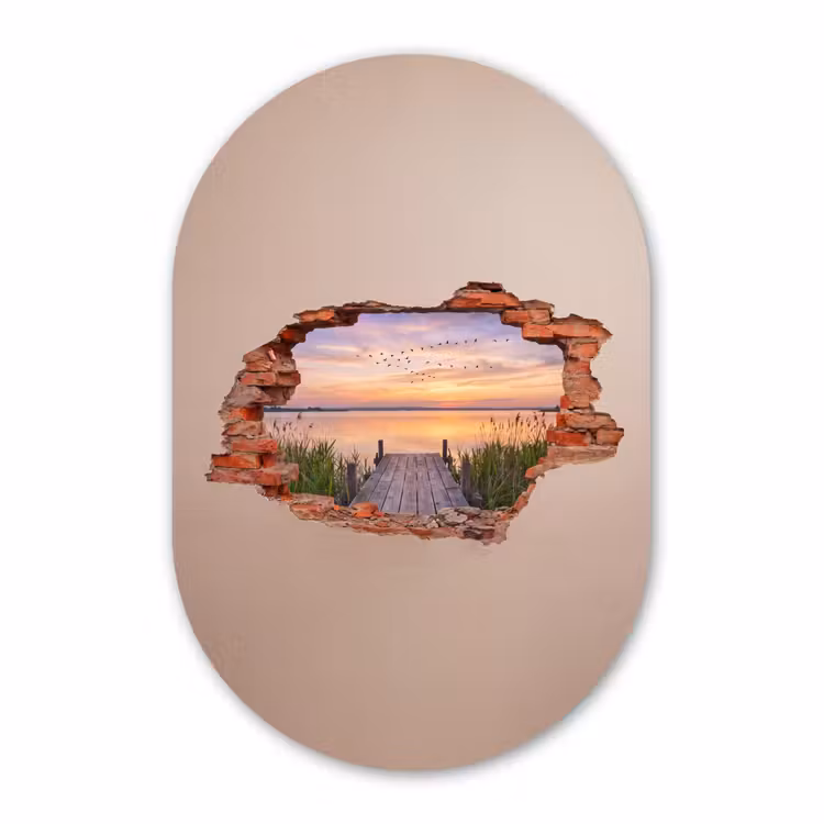 Glasbild Oval - Mauer – Landschaft – Illusion — 1