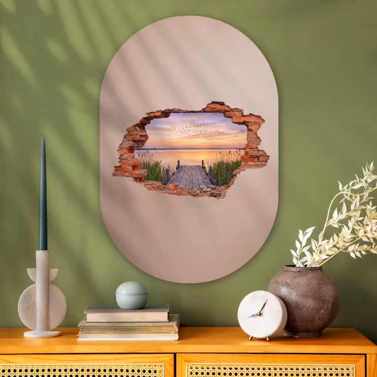 Glasbild Oval - Mauer – Landschaft – Illusion — 2