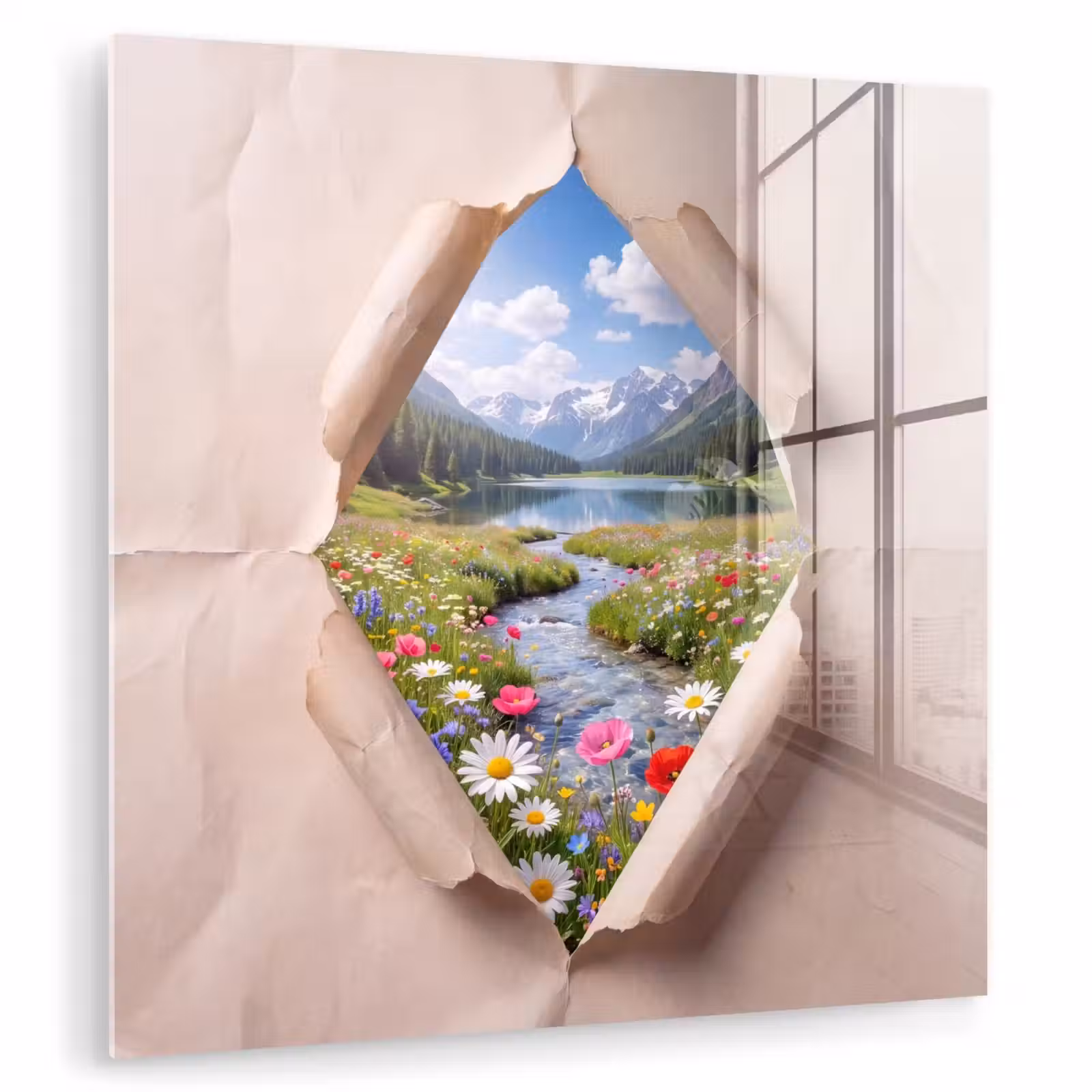 Glasbild - Blumen – Fluss – Landschaft — 1