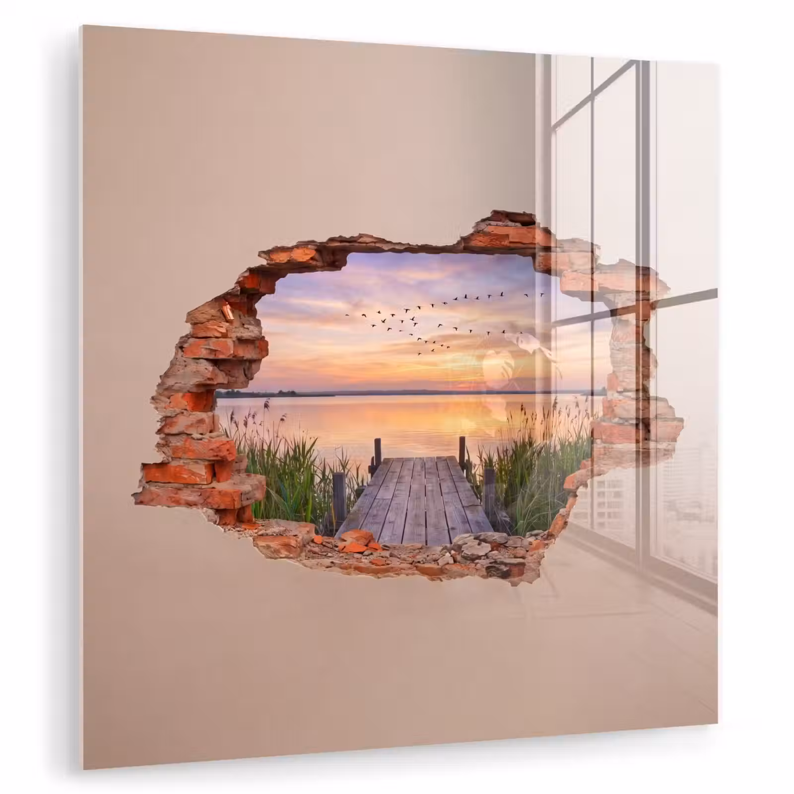 Glasbild - Mauer – Landschaft – Illusion — 1