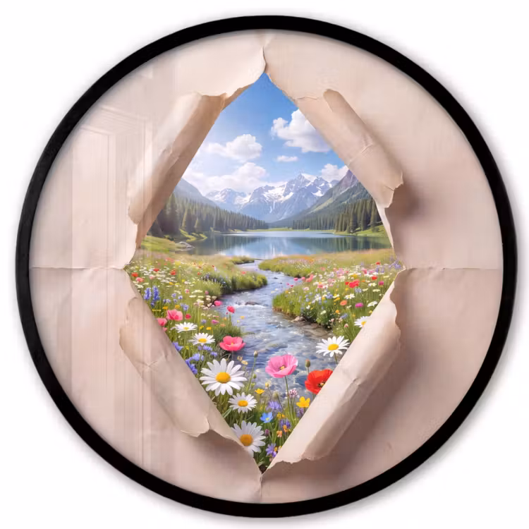 Poster im Rahmen Rund - Blumen – Fluss – Landschaft — 1