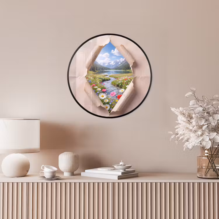 Poster im Rahmen Rund - Blumen – Fluss – Landschaft — 5