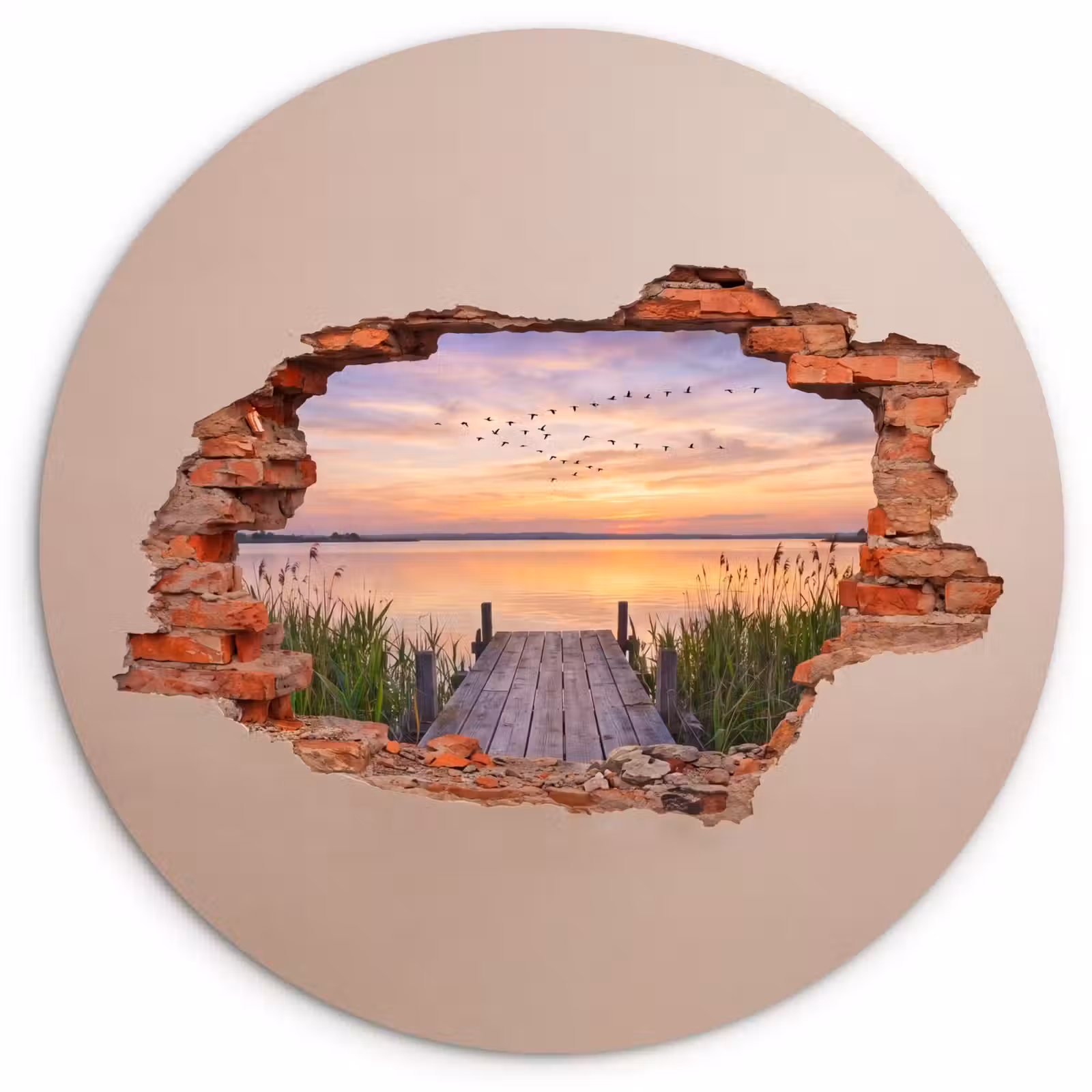 Glasbild Rund - Mauer – Landschaft – Illusion — 1
