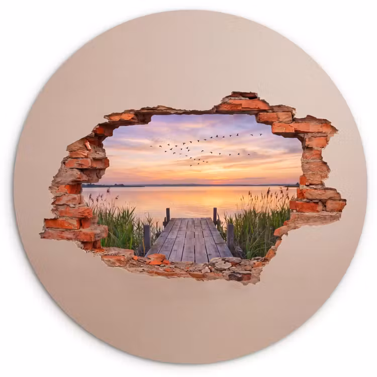 Glasbild Rund - Mauer – Landschaft – Illusion — 1