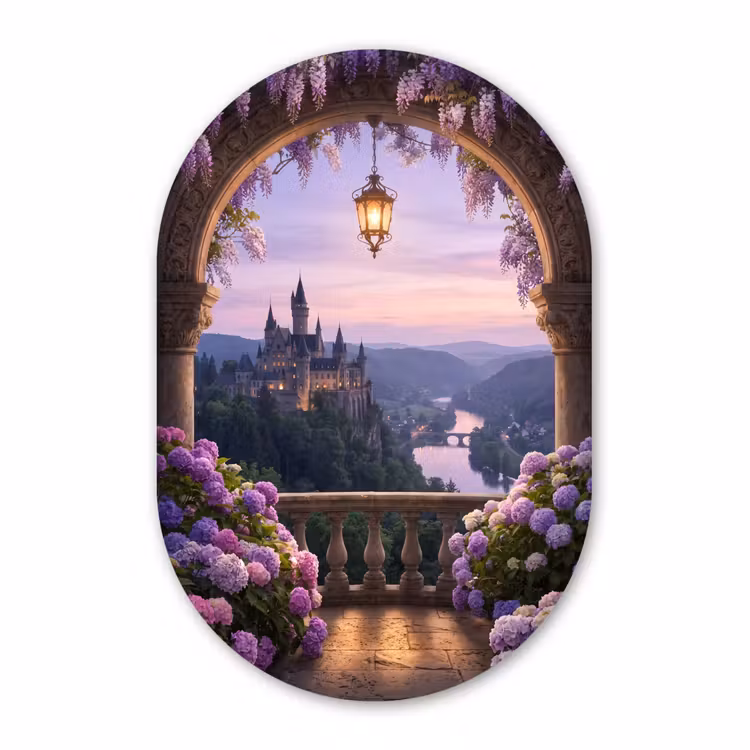 Alu-Dibond-Bild Oval - Schloss – Fluss – Abend — 1