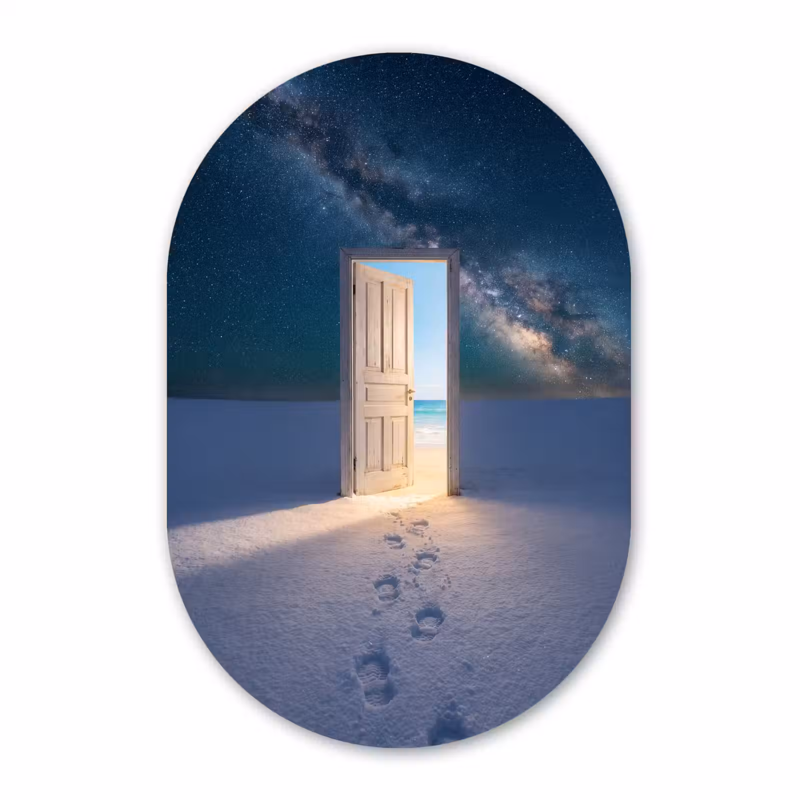 Glasbild Oval - Tür – Schnee – Strand — 1